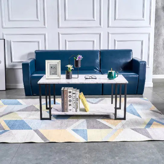 Coffee Table, 2 Layers 1.5cm Thick Marble MDF Rectangular Table Top Iron Coffee Table