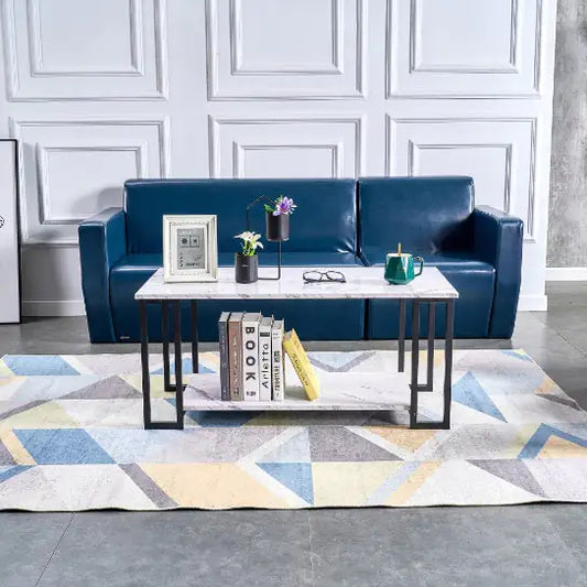 Coffee Table, 2 Layers 1.5cm Thick Marble MDF Rectangular Table Top Iron Coffee Table